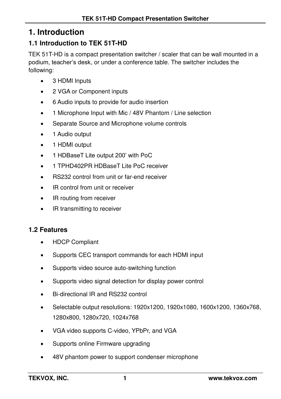 Introduction, 1 introduction to tek 51t-hd, 2 features | TEKVOX 51T-HD Presentation Switcher User Manual | Page 5 / 41
