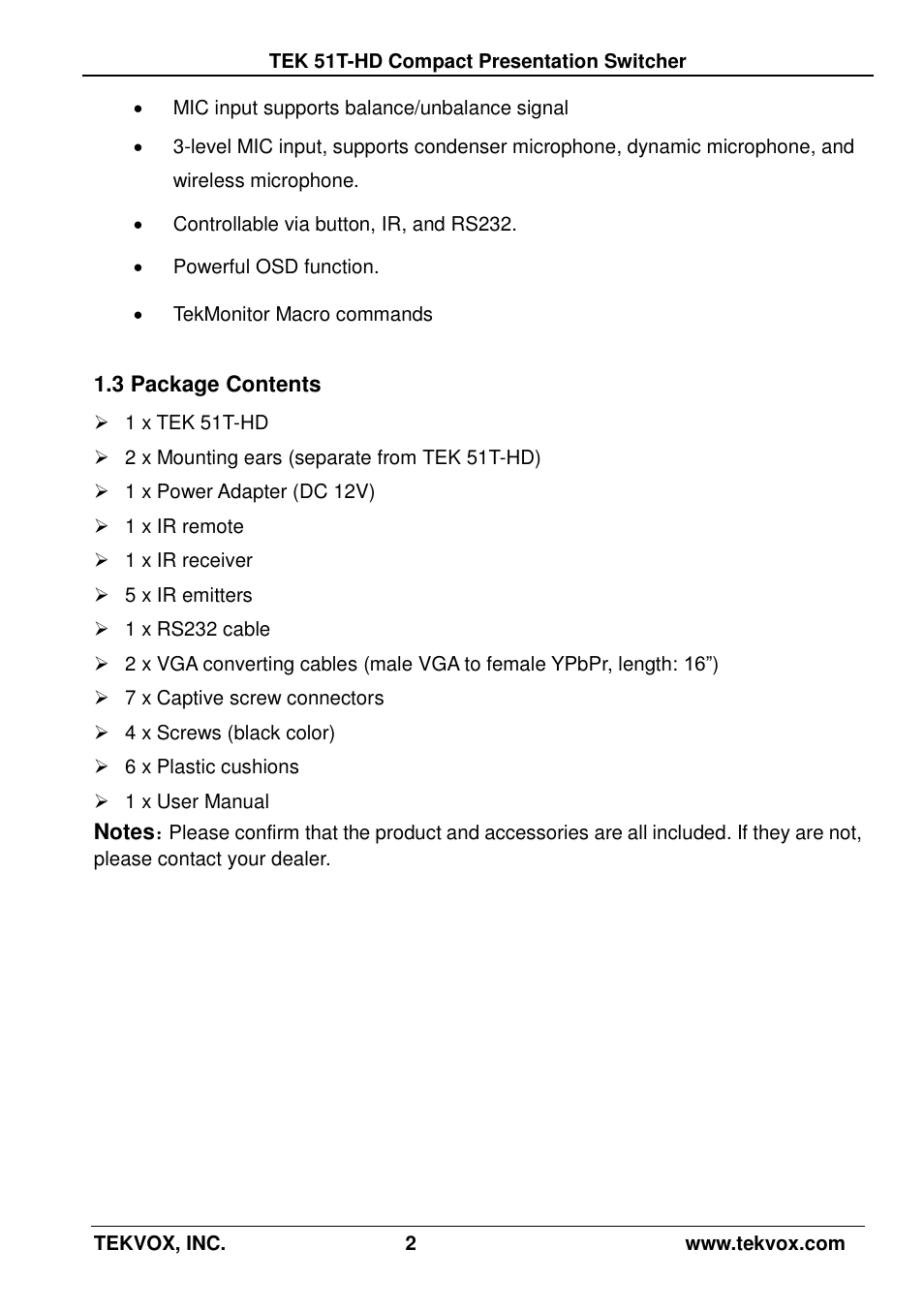 3 package contents | TEKVOX 51T-HD Presentation Switcher User Manual | Page 6 / 41