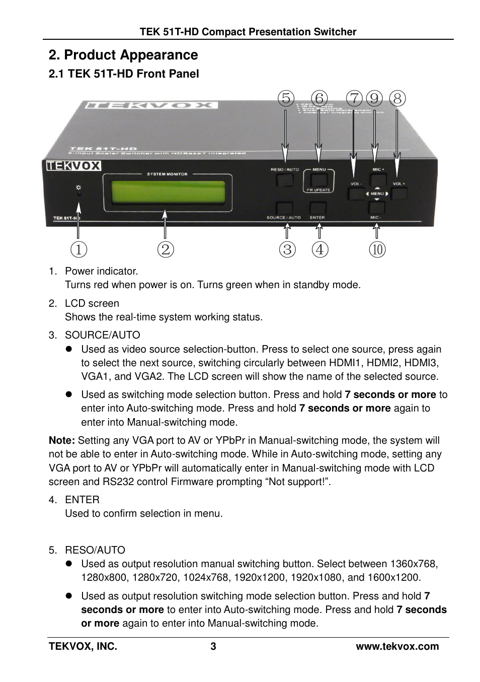 Product appearance, 1 tek 51t-hd front panel | TEKVOX 51T-HD Presentation Switcher User Manual | Page 7 / 41