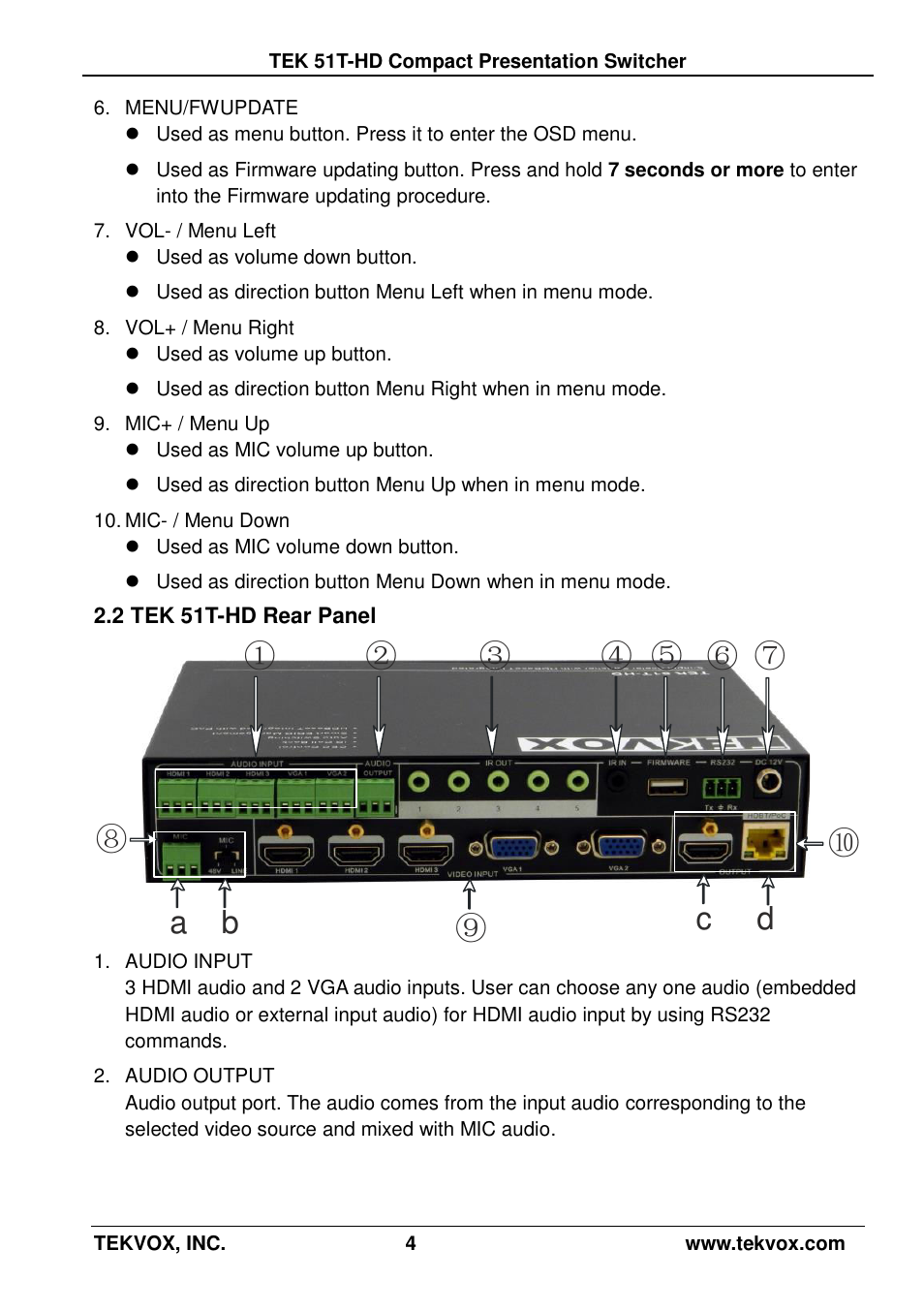 2 tek 51t-hd rear panel, Cd a b | TEKVOX 51T-HD Presentation Switcher User Manual | Page 8 / 41