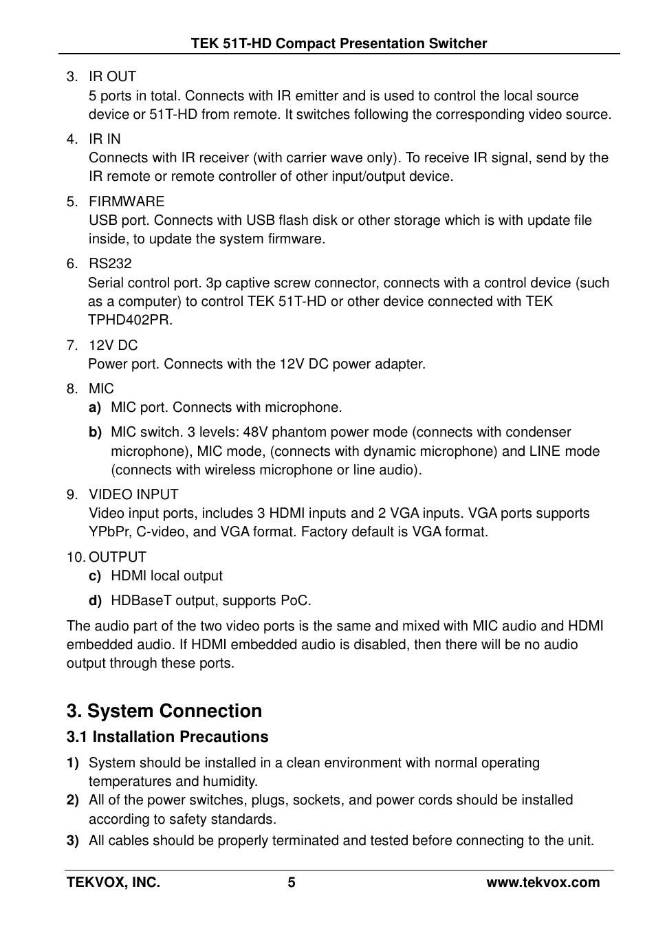 System connection, 1 installation precautions | TEKVOX 51T-HD Presentation Switcher User Manual | Page 9 / 41