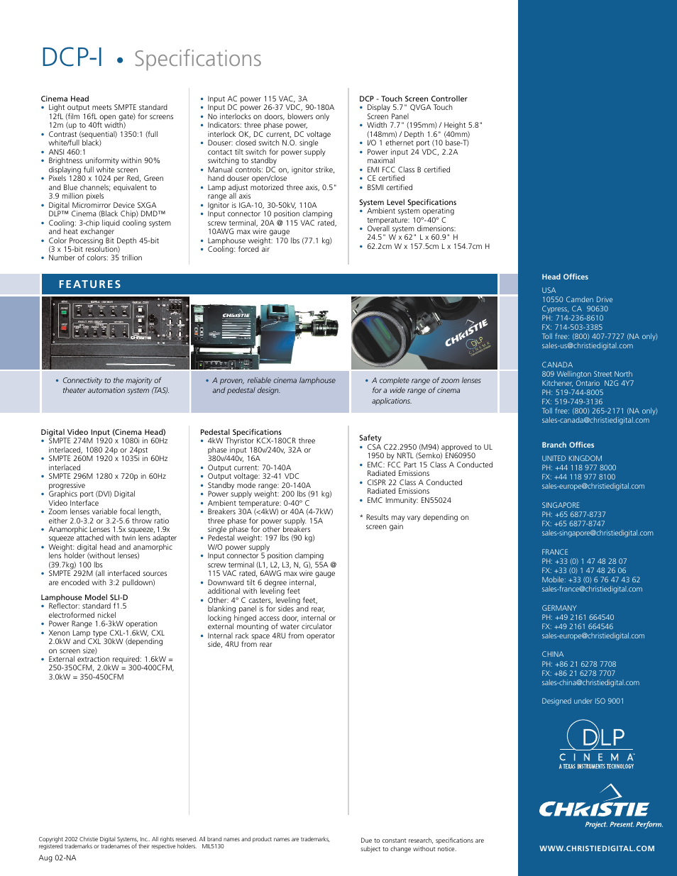Dcp-i, Specifications | Christie Digital Systems DCP-I User Manual | Page 2 / 2