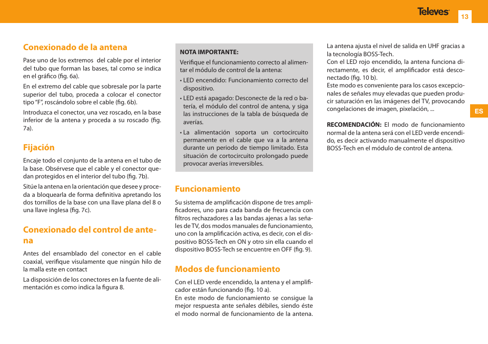 Conexionado de la antena, Fijación, Conexionado del control de ante- na | Funcionamiento, Modos de funcionamiento | Televes Omninova BOSS (VHF/UHF) KIT User Manual | Page 13 / 32