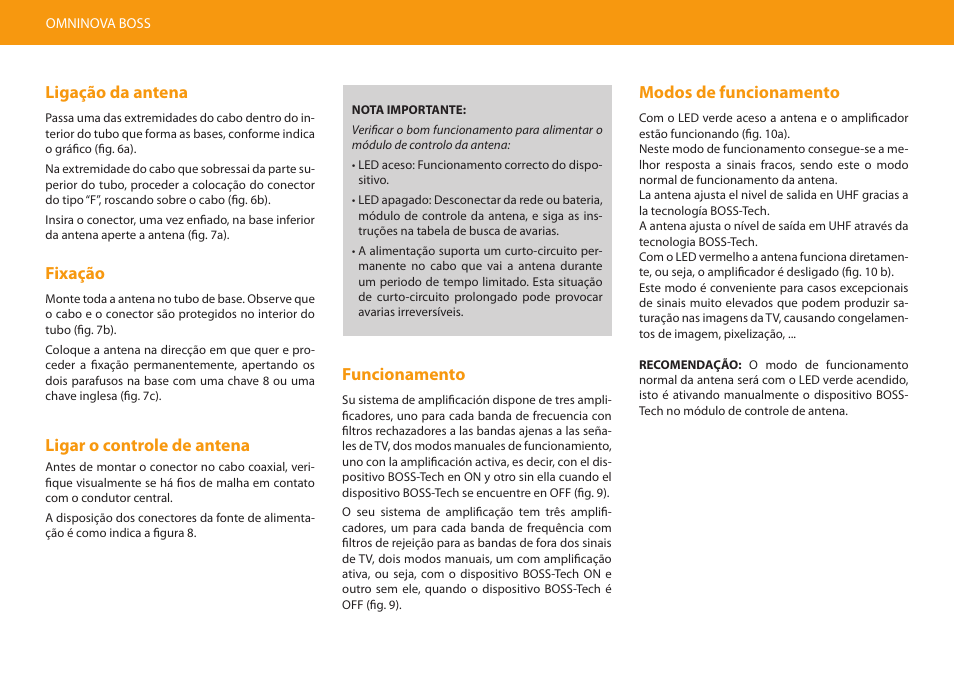Ligação da antena, Fixação, Ligar o controle de antena | Modos de funcionamento, Funcionamento | Televes Omninova BOSS (VHF/UHF) KIT User Manual | Page 16 / 32