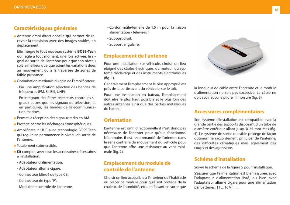 Caractéristiques générales, Emplacement de l’antenne, Orientation | Emplacement du module de contrôle de l’antenne, Accessoires complémentaires, Schéma d’installation | Televes Omninova BOSS (VHF/UHF) KIT User Manual | Page 18 / 32