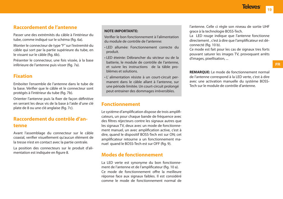 Raccordement de l’antenne, Fixation, Raccordement du contrôle d’an- tenne | Fonctionnement, Modes de fonctionnement | Televes Omninova BOSS (VHF/UHF) KIT User Manual | Page 19 / 32