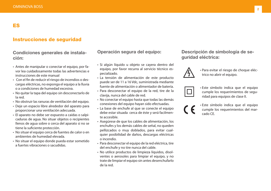 Es instrucciones de seguridad, Condiciones generales de instala- ción, Operación segura del equipo | Descripción de simbología de se- guridad eléctrica | Televes Omninova BOSS (VHF/UHF) KIT User Manual | Page 2 / 32