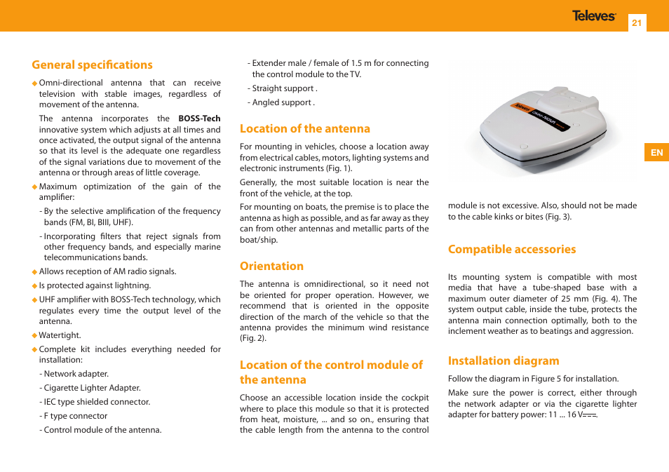General specifications, Location of the antenna, Orientation | Location of the control module of the antenna, Compatible accessories, Installation diagram | Televes Omninova BOSS (VHF/UHF) KIT User Manual | Page 21 / 32