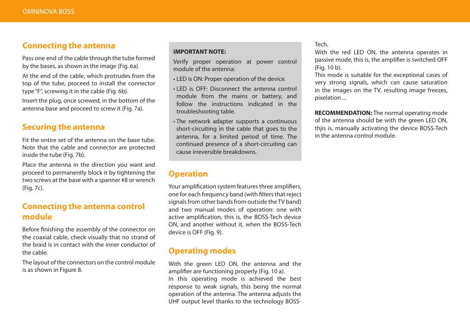 Connecting the antenna, Securing the antenna, Connecting the antenna control module | Operation, Operating modes | Televes Omninova BOSS (VHF/UHF) KIT User Manual | Page 22 / 32