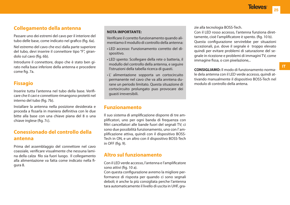 Collegamento della antenna, Fissagio, Conessionado del controllo della antenna | Funzionamento, Altro sul funzionamento | Televes Omninova BOSS (VHF/UHF) KIT User Manual | Page 25 / 32