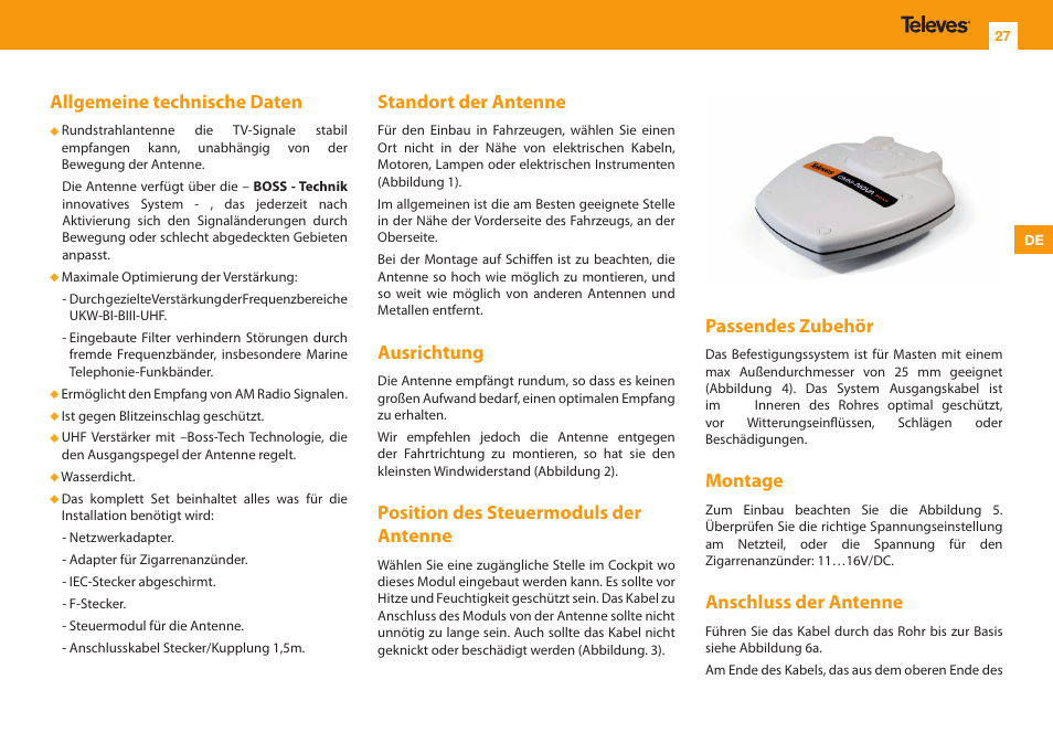 Allgemeine technische daten, Standort der antenne, Ausrichtung | Position des steuermoduls der antenne, Passendes zubehör, Montage, Anschluss der antenne | Televes Omninova BOSS (VHF/UHF) KIT User Manual | Page 27 / 32