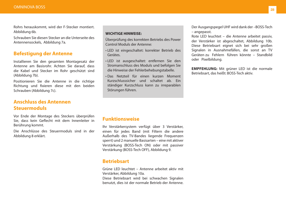 Befestigung der antenne, Anschluss des antennen steuermoduls, Funktionsweise | Betriebsart | Televes Omninova BOSS (VHF/UHF) KIT User Manual | Page 28 / 32