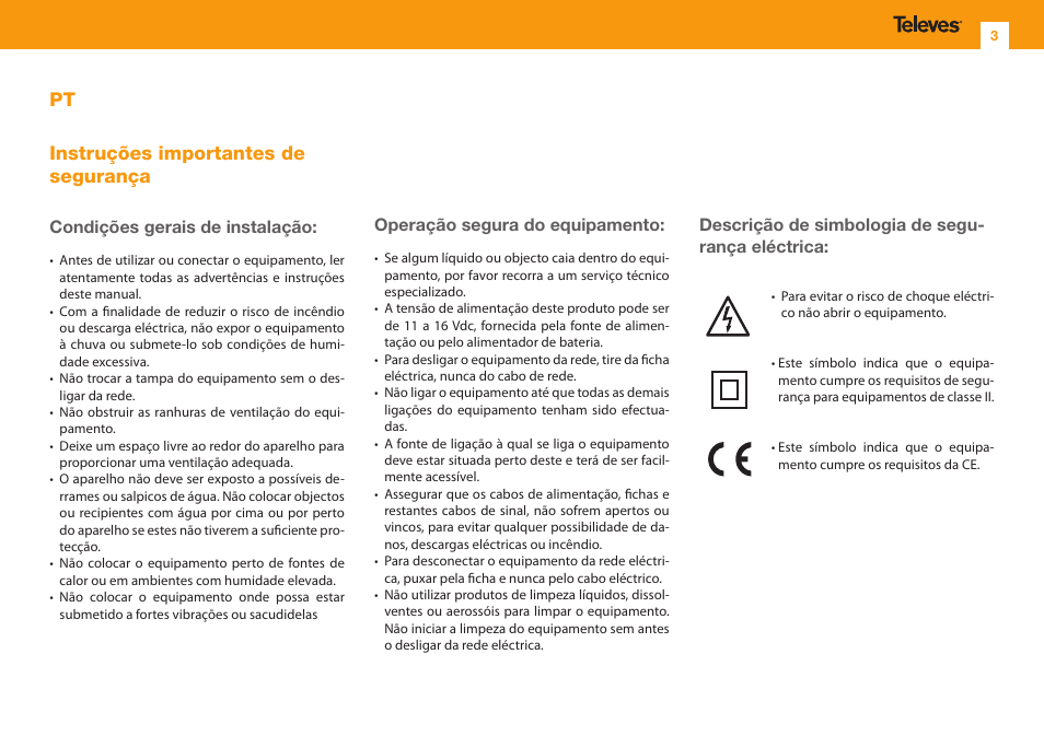 Pt instruções importantes de segurança, Condições gerais de instalação, Operação segura do equipamento | Descrição de simbologia de segu- rança eléctrica | Televes Omninova BOSS (VHF/UHF) KIT User Manual | Page 3 / 32