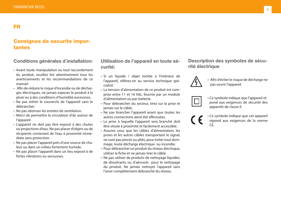 Fr consignes de securite impor- tantes, Conditions générales d´installation, Utilisation de l’appareil en toute sé- curité | Description des symboles de sécu- rité électrique | Televes Omninova BOSS (VHF/UHF) KIT User Manual | Page 4 / 32