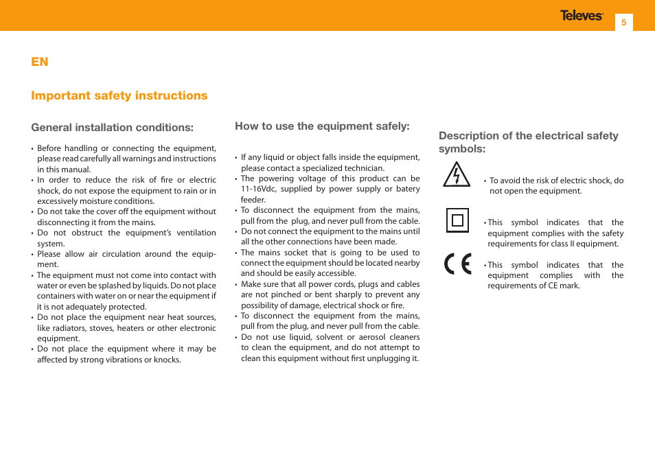 En important safety instructions | Televes Omninova BOSS (VHF/UHF) KIT User Manual | Page 5 / 32