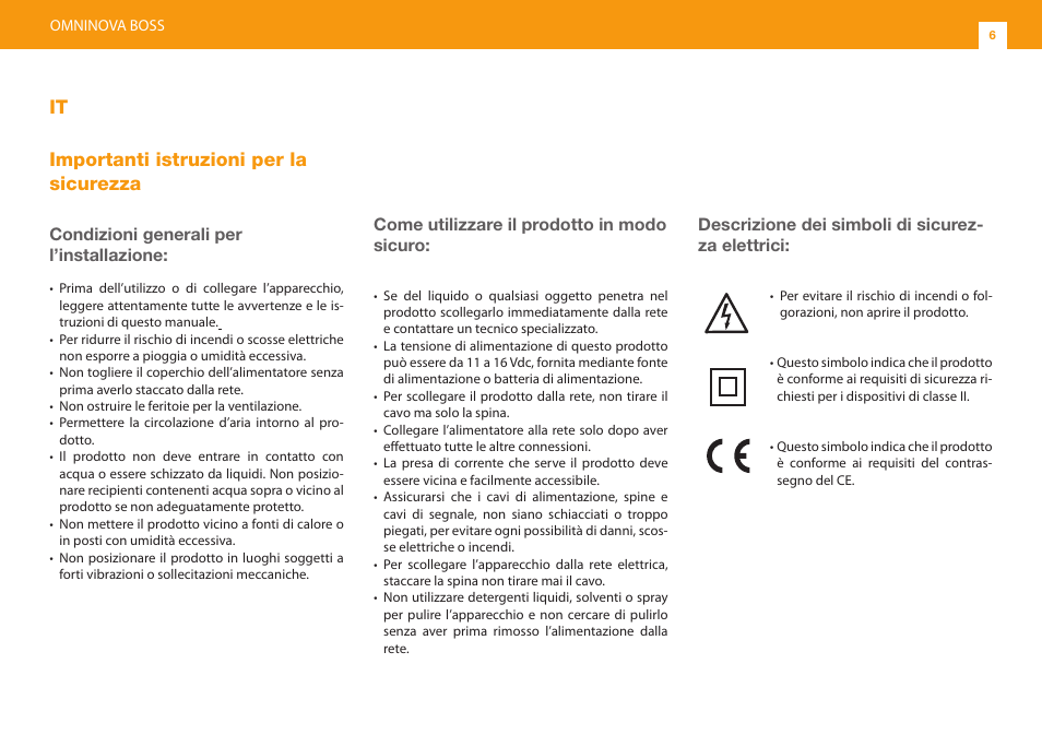 It importanti istruzioni per la sicurezza, Condizioni generali per l’installazione, Come utilizzare il prodotto in modo sicuro | Descrizione dei simboli di sicurez- za elettrici | Televes Omninova BOSS (VHF/UHF) KIT User Manual | Page 6 / 32
