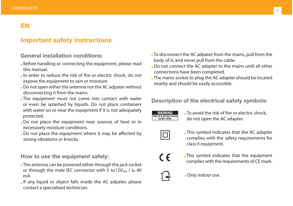 En important safety instructions | Televes Indoor Innova BOSS antenna (single pack) User Manual | Page 6 / 20