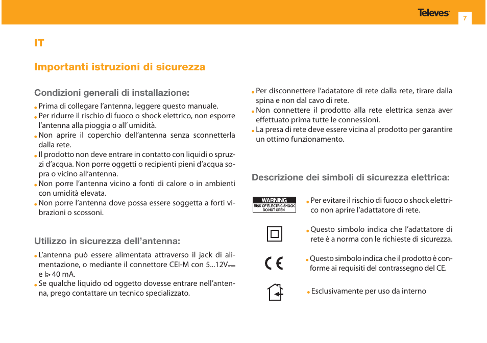 It importanti istruzioni di sicurezza | Televes Indoor Innova BOSS antenna (single pack) User Manual | Page 7 / 20