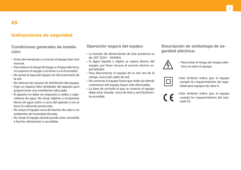 Es instrucciones de seguridad, Condiciones generales de instala- ción, Operación segura del equipo | Descripción de simbología de se- guridad eléctrica | Televes 1 In/1 Out V/U User Manual | Page 2 / 12