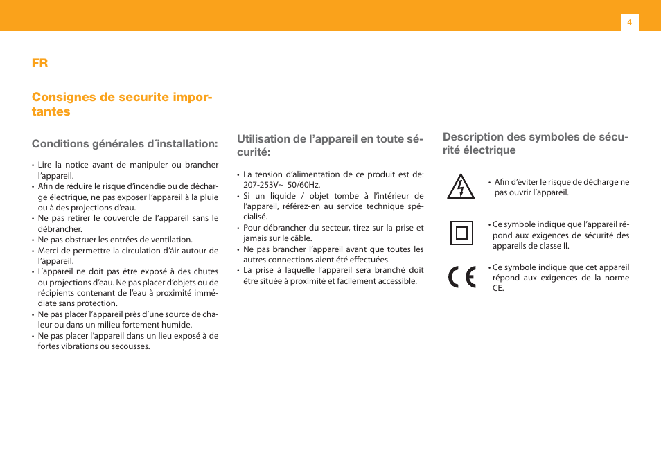 Fr consignes de securite impor- tantes, Conditions générales d´installation, Utilisation de l’appareil en toute sé- curité | Description des symboles de sécu- rité électrique | Televes 1 In/1 Out V/U User Manual | Page 4 / 12