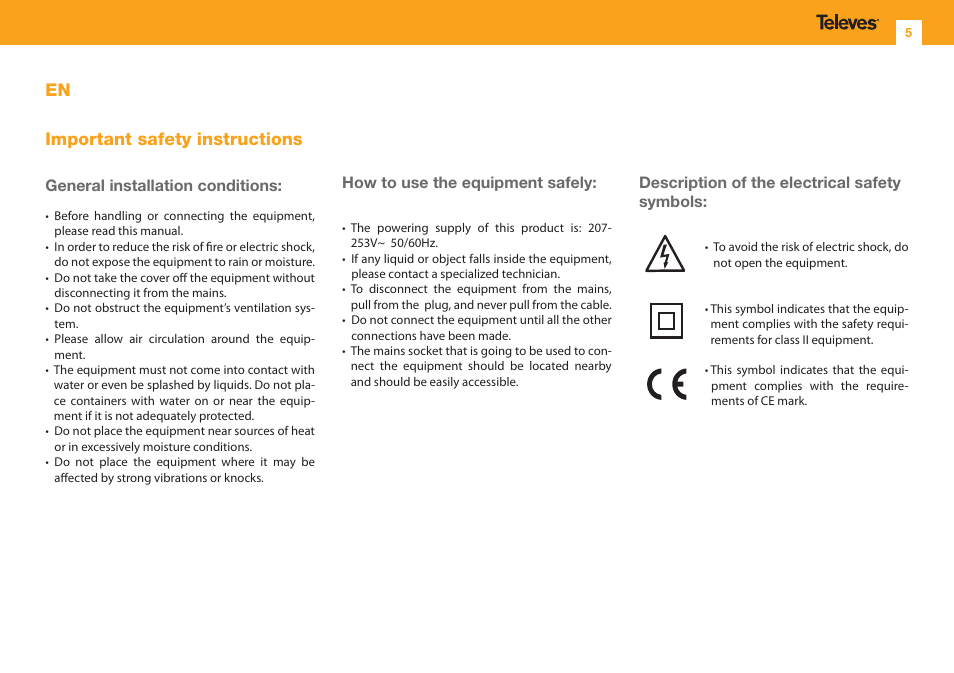 En important safety instructions | Televes 1 In/1 Out V/U User Manual | Page 5 / 12