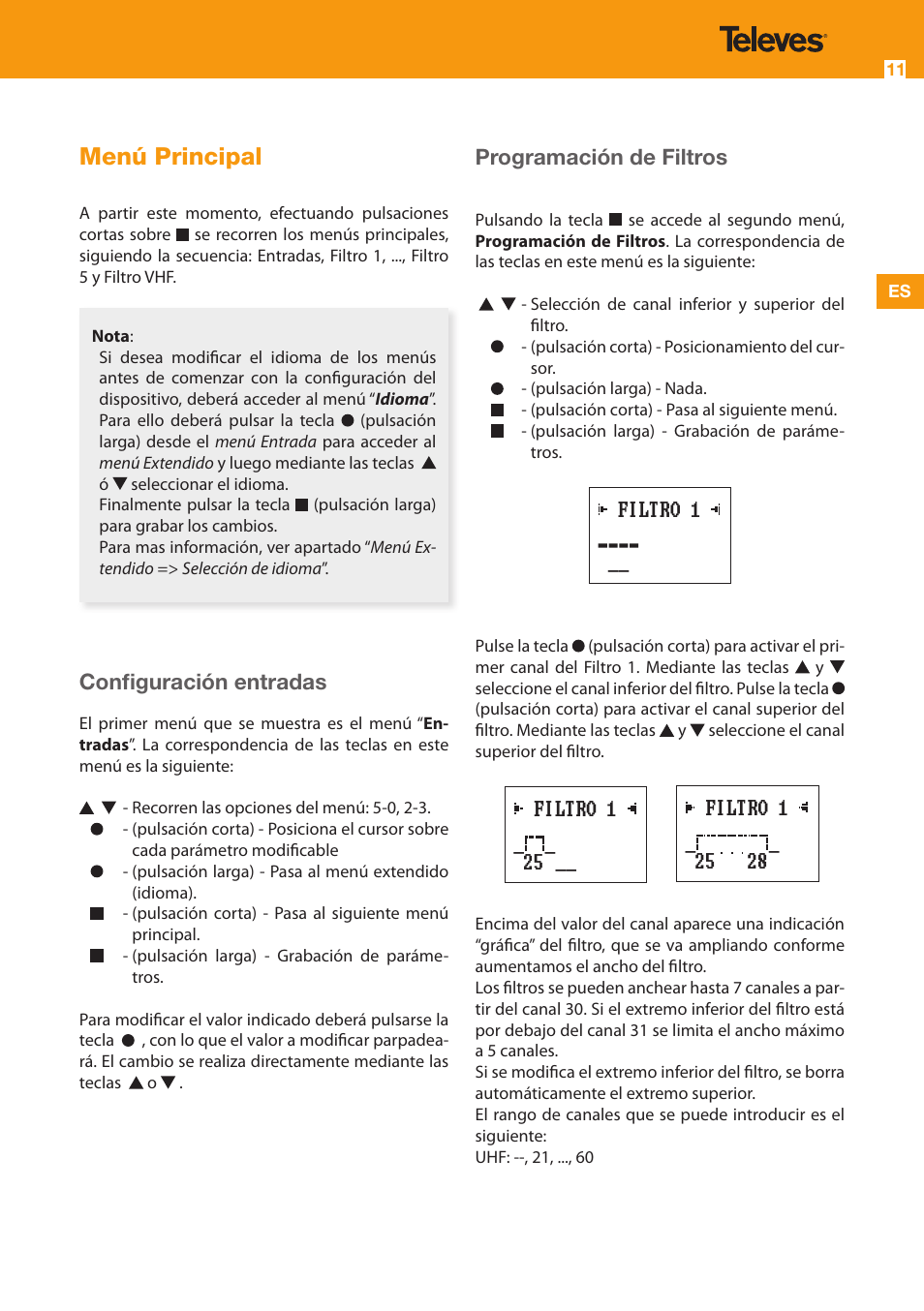 Menú principal | Televes Avant 3 5 In/2 Out BI/FM-V-U-U-INmix (790MHz) User Manual | Page 11 / 28