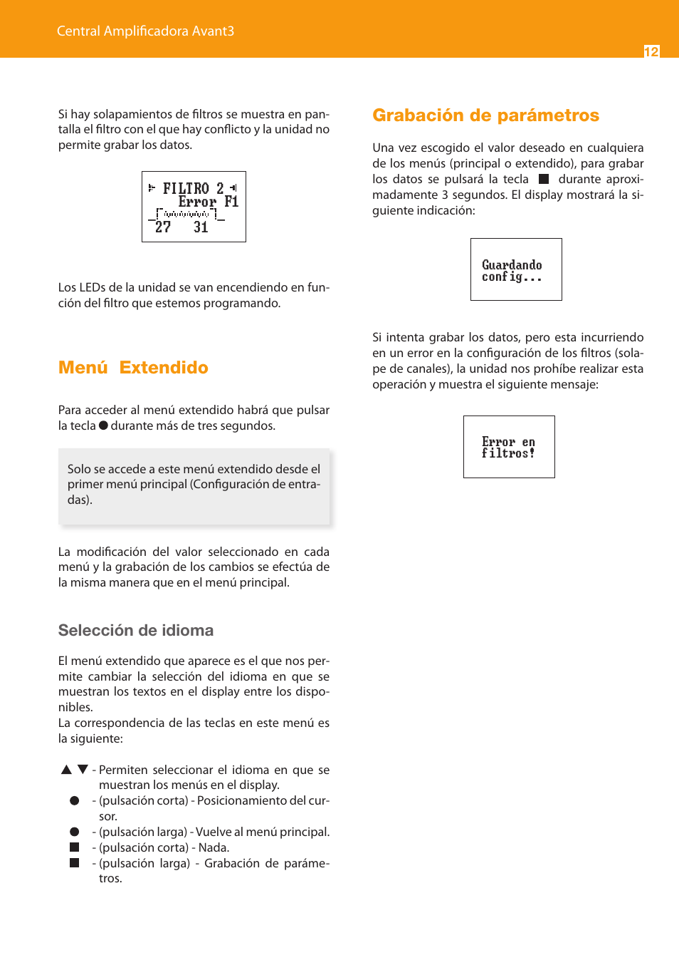 Menú extendido, Grabación de parámetros | Televes Avant 3 5 In/2 Out BI/FM-V-U-U-INmix (790MHz) User Manual | Page 12 / 28