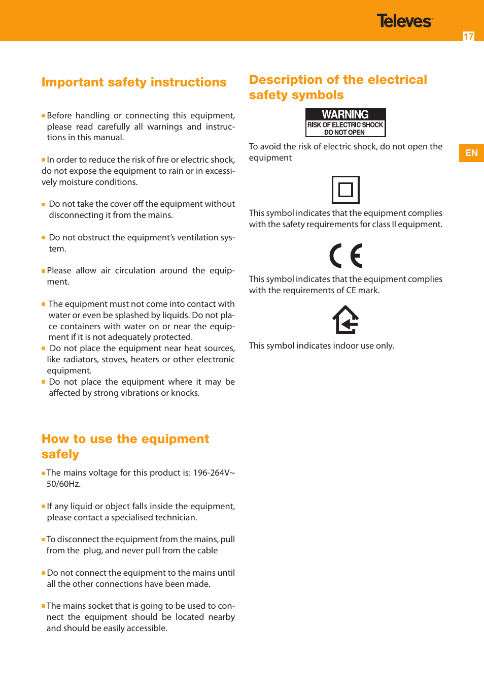 Important safety instructions, How to use the equipment safely, Description of the electrical safety symbols | Televes Avant 3 5 In/2 Out BI/FM-V-U-U-INmix (790MHz) User Manual | Page 17 / 28