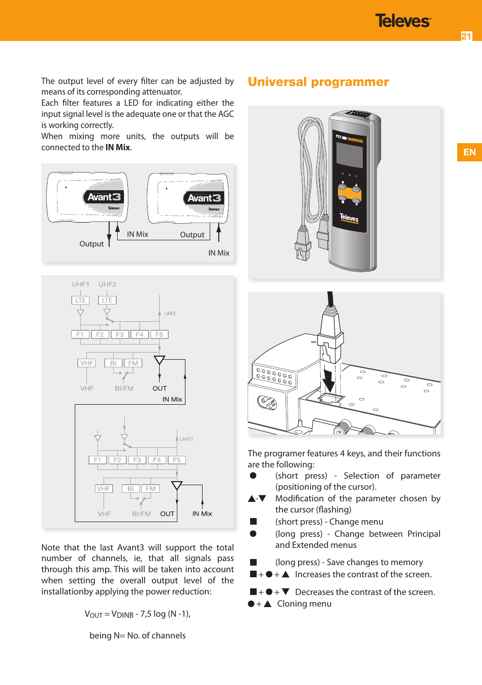 Universal programmer | Televes Avant 3 5 In/2 Out BI/FM-V-U-U-INmix (790MHz) User Manual | Page 21 / 28