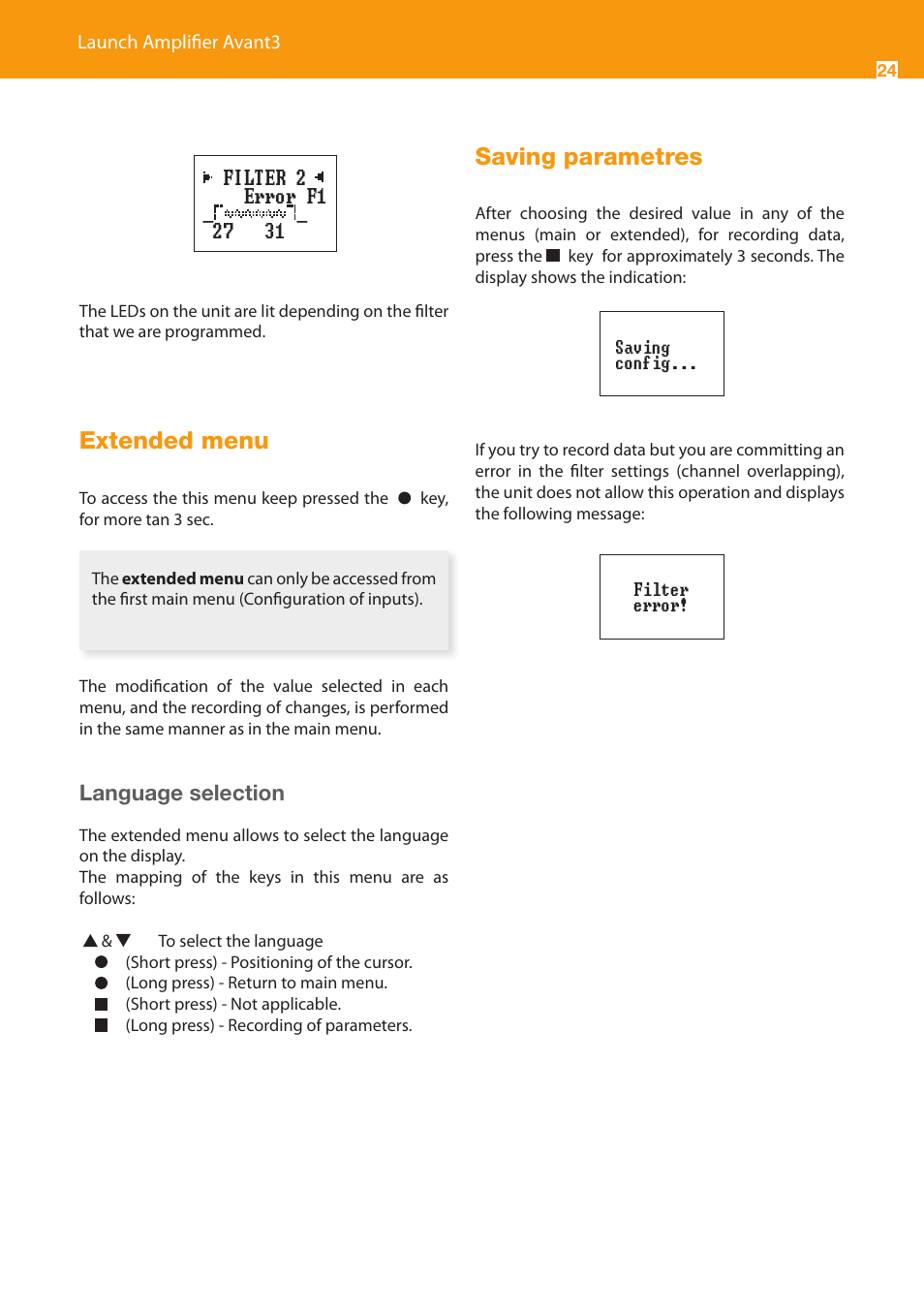 Extended menu, Saving parametres | Televes Avant 3 5 In/2 Out BI/FM-V-U-U-INmix (790MHz) User Manual | Page 24 / 28