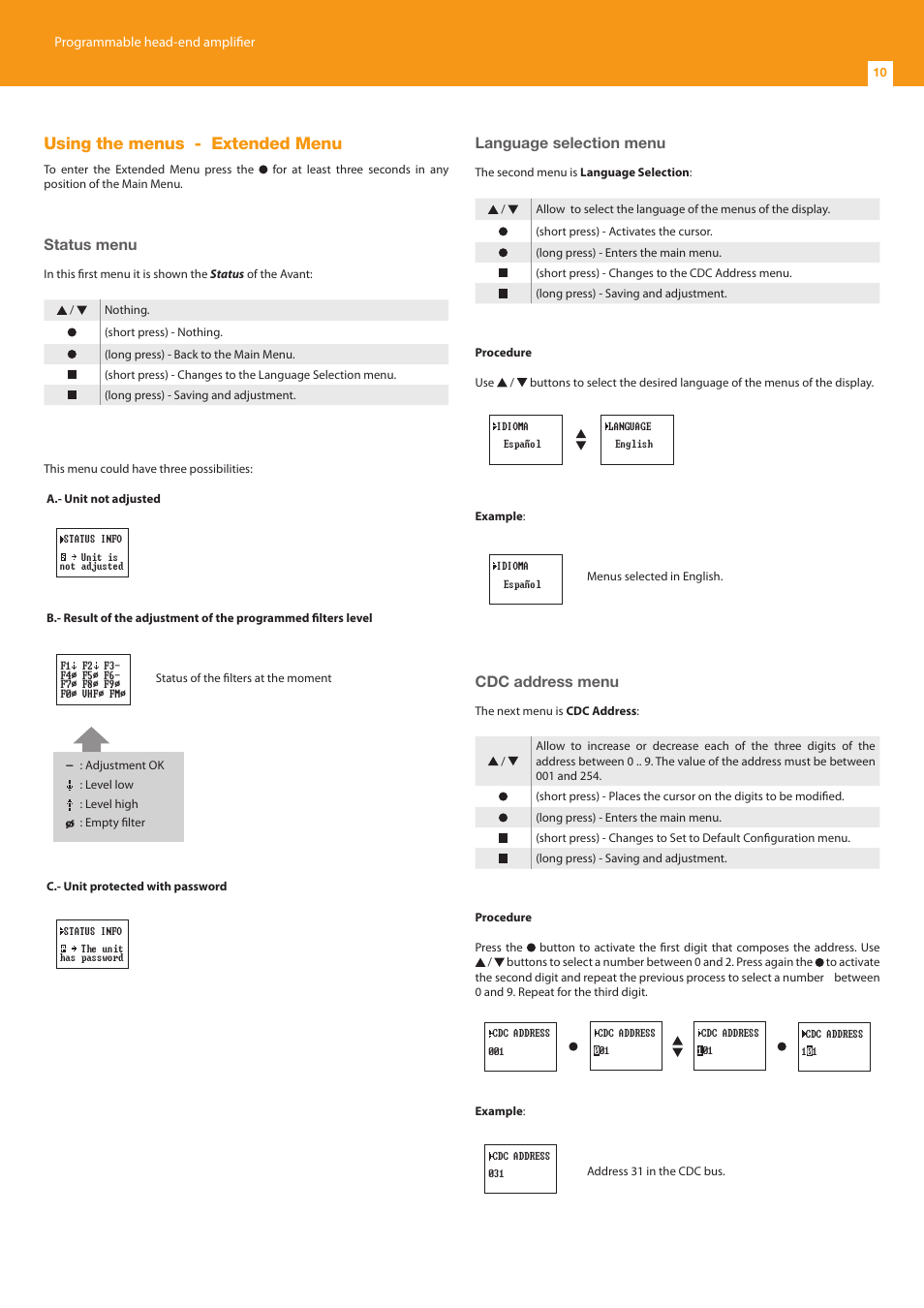 Using the menus - extended menu, Status menu, Language selection menu | Cdc address menu | Televes Avant 7, 6 In/1 Out FM-BIII/DAB-TB-U-U-U (790 MHz) User Manual | Page 10 / 20