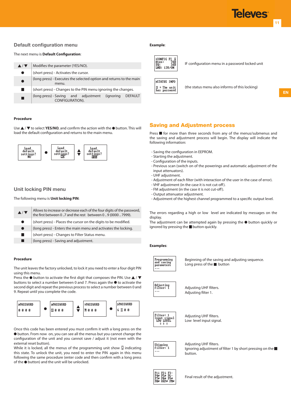 Saving and adjustment process, Default configuration menu, Unit locking pin menu | Televes Avant 7, 6 In/1 Out FM-BIII/DAB-TB-U-U-U (790 MHz) User Manual | Page 11 / 20