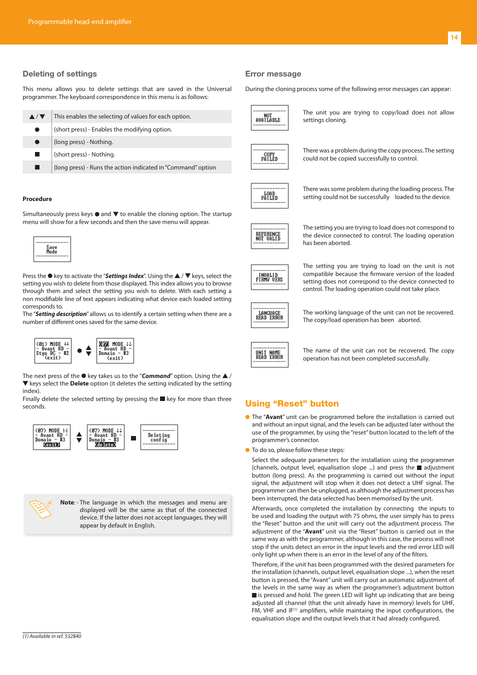 Using “reset” button, Deleting of settings, Error message | Programmable head-end amplifier | Televes Avant 7, 6 In/1 Out FM-BIII/DAB-TB-U-U-U (790 MHz) User Manual | Page 14 / 20