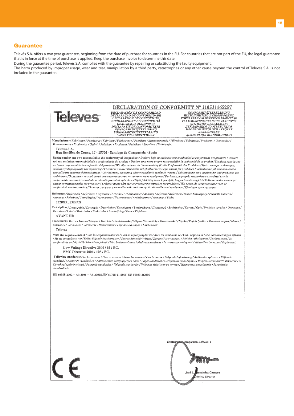 Guarantee | Televes Avant 7, 6 In/1 Out FM-BIII/DAB-TB-U-U-U (790 MHz) User Manual | Page 18 / 20