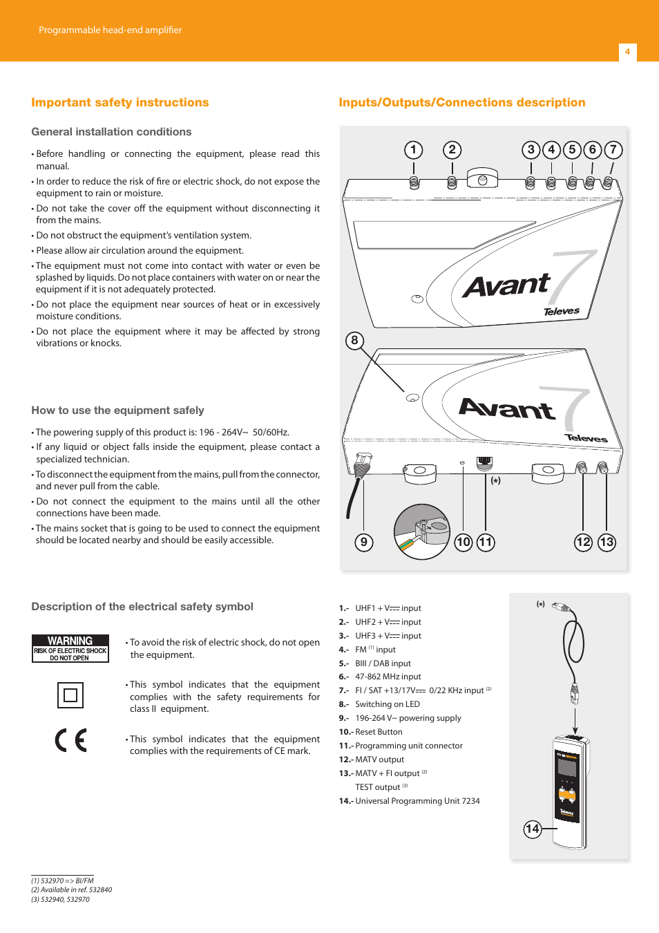 Important safety instructions | Televes Avant 7, 6 In/1 Out FM-BIII/DAB-TB-U-U-U (790 MHz) User Manual | Page 4 / 20