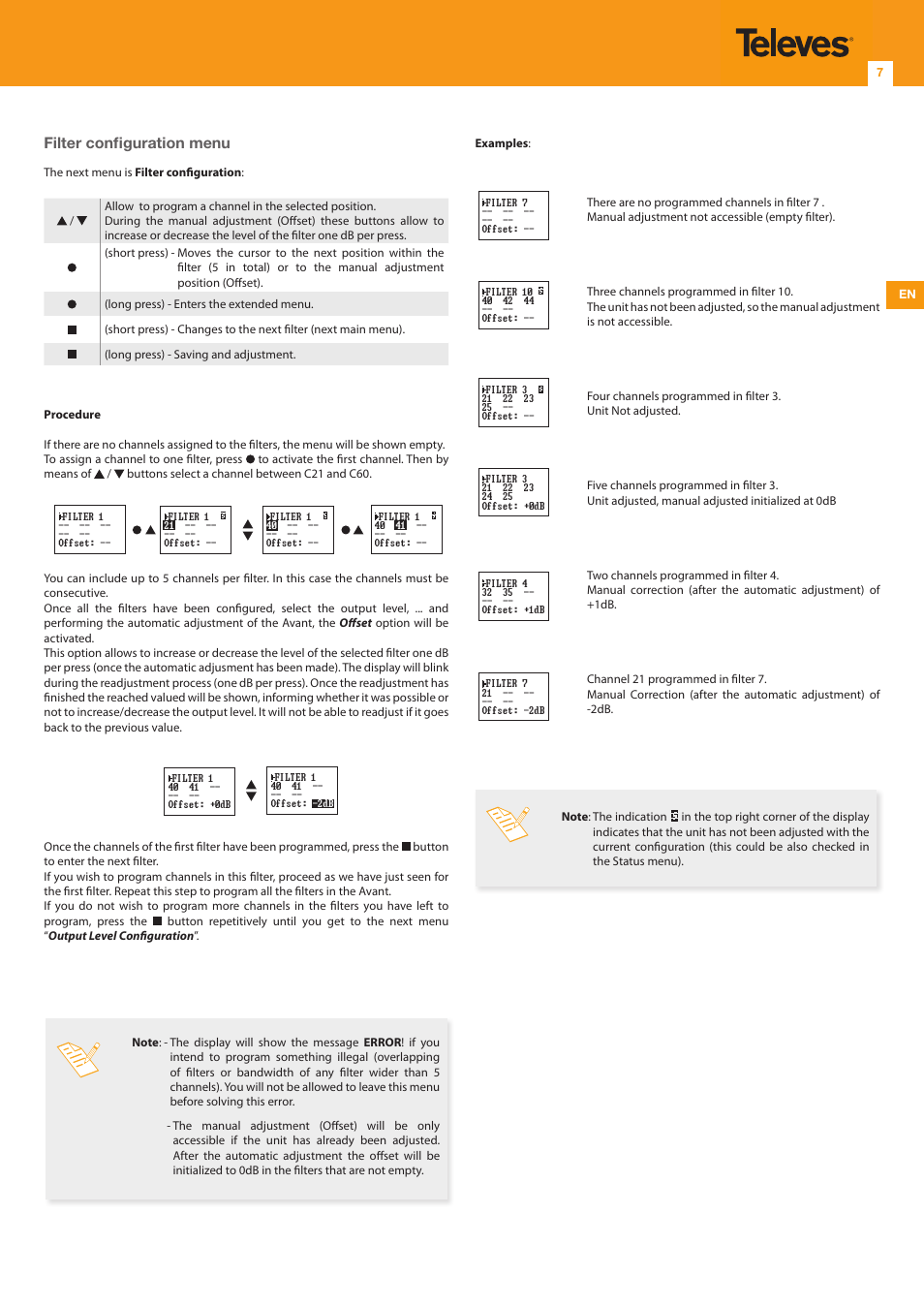 Filter configuration menu | Televes Avant 7, 6 In/1 Out FM-BIII/DAB-TB-U-U-U (790 MHz) User Manual | Page 7 / 20