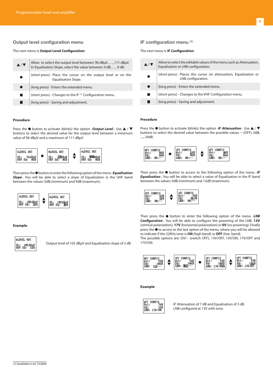 Output level configuration menu, If configuration menu, Programmable head-end amplifier | Televes Avant 7, 6 In/1 Out FM-BIII/DAB-TB-U-U-U (790 MHz) User Manual | Page 8 / 20