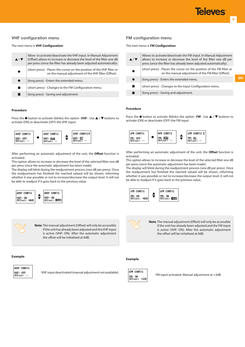 Vhf configuration menu, Fm configuration menu | Televes Avant 7, 6 In/1 Out FM-BIII/DAB-TB-U-U-U (790 MHz) User Manual | Page 9 / 20