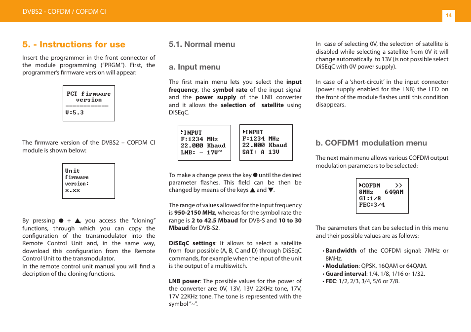 - instructions for use, Normal menu a. input menu, B. cofdm1 modulation menu | Televes DVB-S2 COFDM User Manual | Page 14 / 32