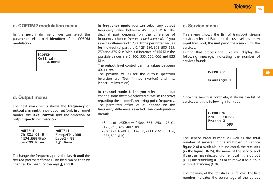 C. cofdm2 modulation menu, D. output menu, E. service menu | Televes DVB-S2 COFDM User Manual | Page 15 / 32