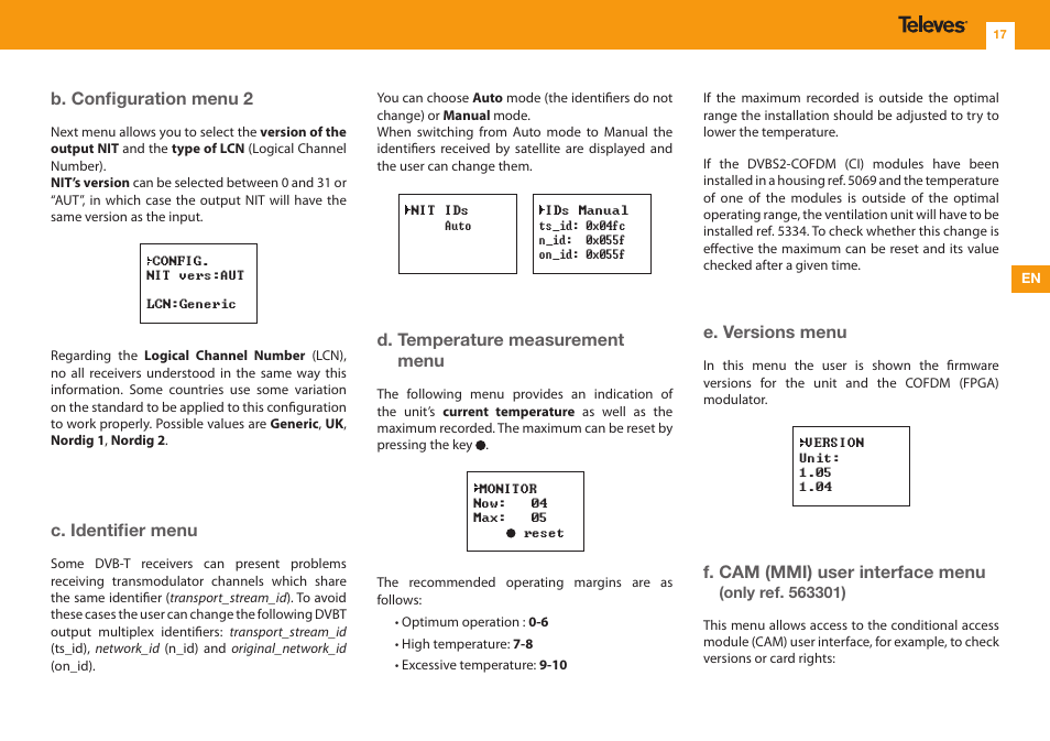 B. configuration menu 2, C. identifier menu, D. temperature measurement menu | E. versions menu, F. cam (mmi) user interface menu | Televes DVB-S2 COFDM User Manual | Page 17 / 32