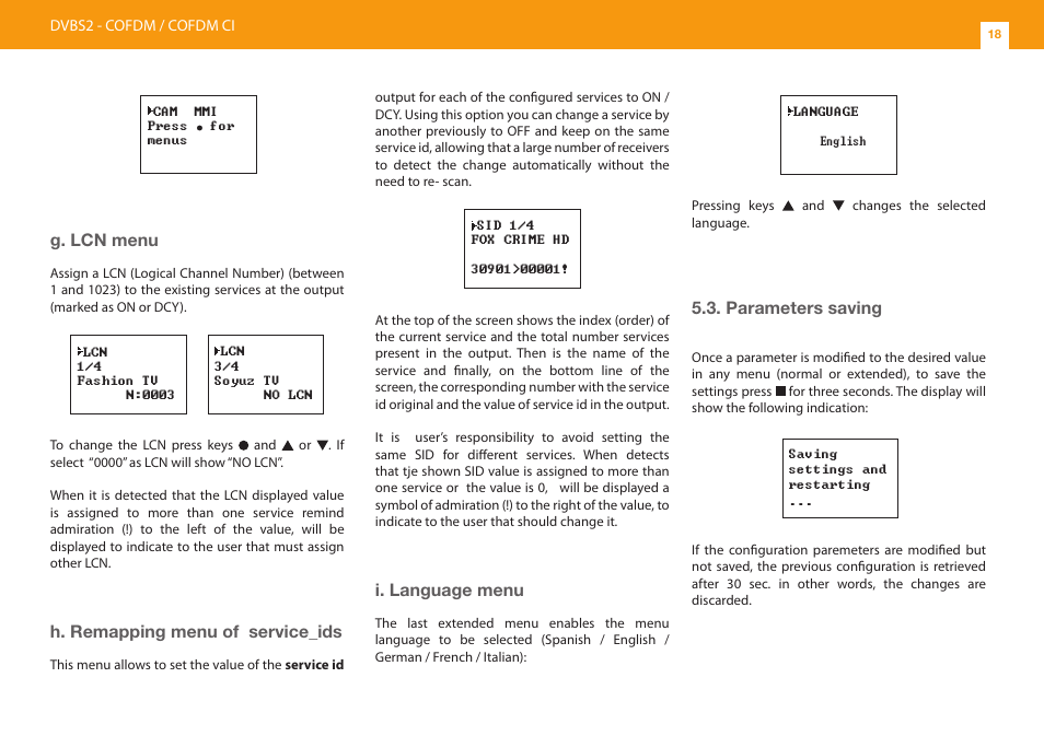 G. lcn menu, H. remapping menu of service_ids, I. language menu | Parameters saving | Televes DVB-S2 COFDM User Manual | Page 18 / 32