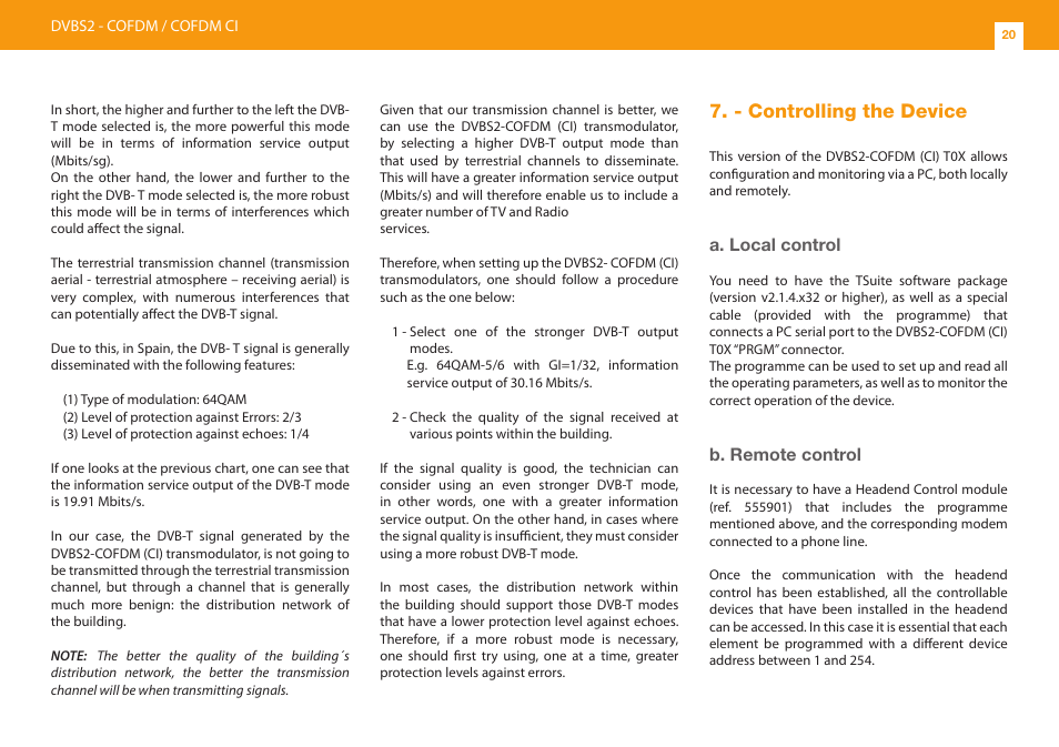 - controlling the device, A. local control, B. remote control | Televes DVB-S2 COFDM User Manual | Page 20 / 32