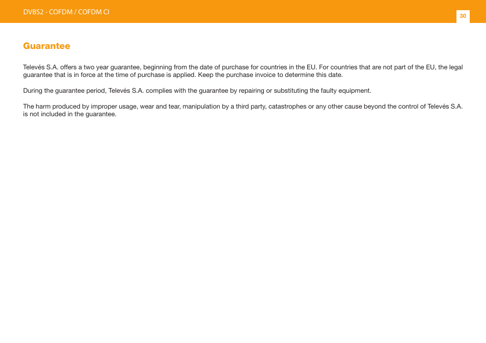 Guarantee | Televes DVB-S2 COFDM User Manual | Page 30 / 32
