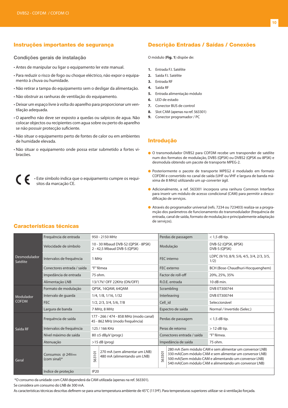 Instruções importantes de segurança, Descrição entradas / saídas / conexões, Introdução | Características técnicas, Condições gerais de instalação | Televes DVB-S2 COFDM User Manual | Page 10 / 24