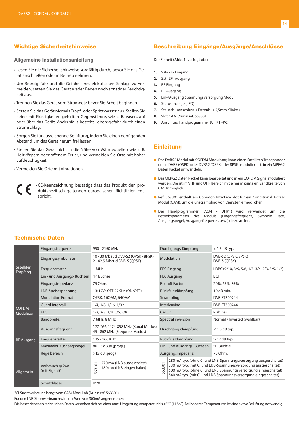 Wichtige sicherheitshinweise, Beschreibung eingänge/ausgänge/anschlüsse, Einleitung | Technische daten | Televes DVB-S2 COFDM User Manual | Page 14 / 24