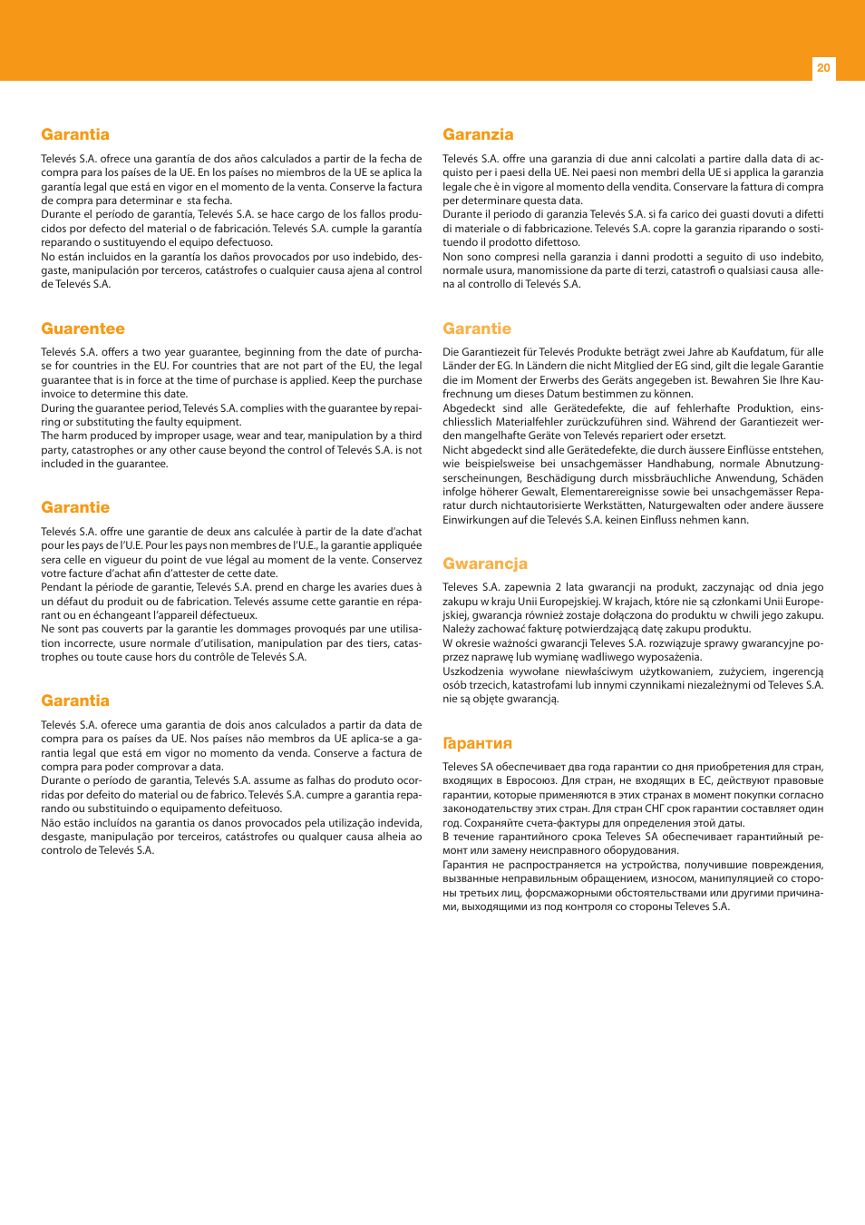 Garantia, Guarentee, Garantie | Garanzia, Gwarancja, Гарантия | Televes DVB-S2 COFDM User Manual | Page 20 / 24