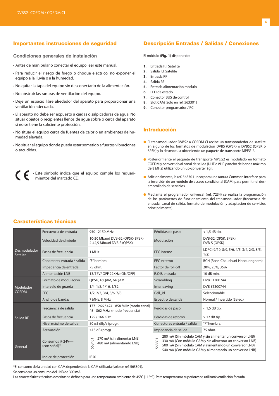 Importantes instrucciones de seguridad, Descripción entradas / salidas / conexiones, Introducción | Características técnicas, Condiciones generales de instalación | Televes DVB-S2 COFDM User Manual | Page 4 / 24