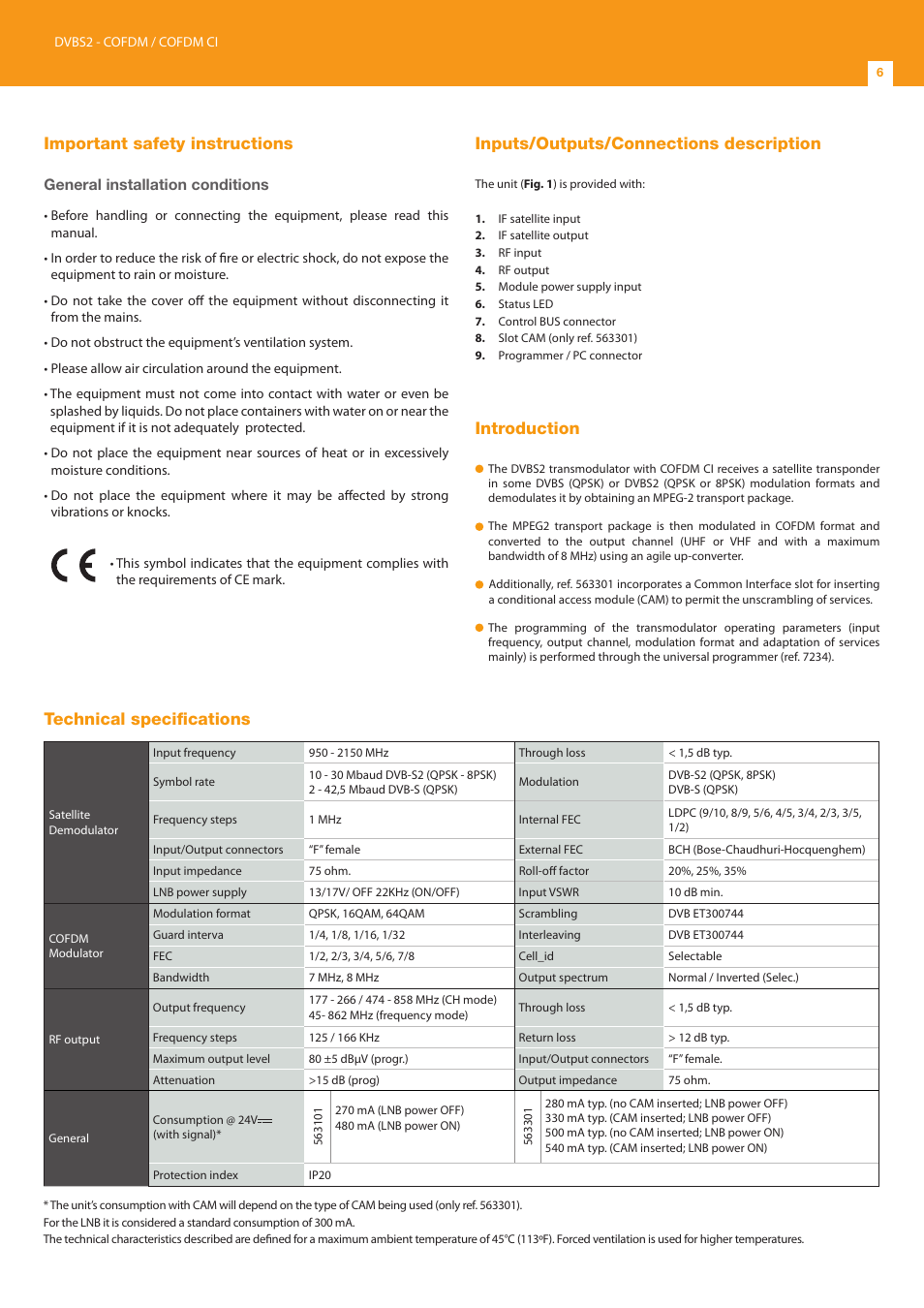 Important safety instructions, Inputs/outputs/connections description, Introduction | Technical specifications, General installation conditions | Televes DVB-S2 COFDM User Manual | Page 6 / 24