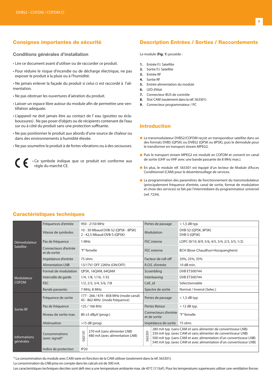 Consignes importantes de sécurité, Description entrées / sorties / raccordements, Introduction | Caractéristiques techniques, Conditions générales d’installation | Televes DVB-S2 COFDM User Manual | Page 8 / 24